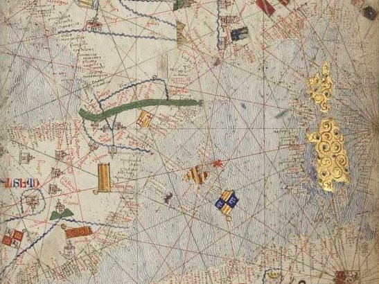 Atlàs Catalan, portulan del sègle XIV, realizat pel cartograf malhorquin Cresques Abraham, e que los darrièrs tres fuèlhs i representan l’Asia concebuda pels medievals