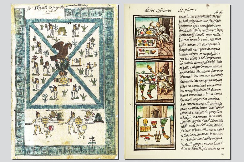 Lo Codèx Mendoza de 1542 (a esquèrra) mescla de pictogramas amb l'escritura alfabetica castelhana. Lo Codèx Florentin de 1569 (a drecha) utiliza l’alfabet latin per escriure lo nauatl
