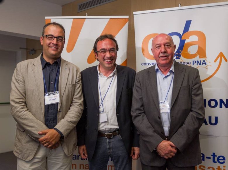 D'esquèrra a drecha: Àlex Mòga, secretari general de CDA; Jordi Rull, secretari d’organizacion de CDC; Carlos Barrera, Sindic d'Aran