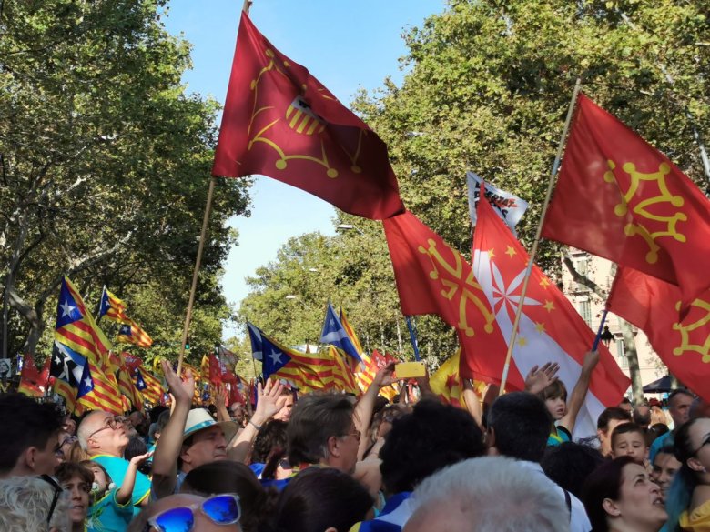 Coma cada an, de drapèls occitans an mostrat lo sosten occitanista a las revendicacions catalanas. Ongan èran mai que mai sul tròç ont manifestavan los araneses