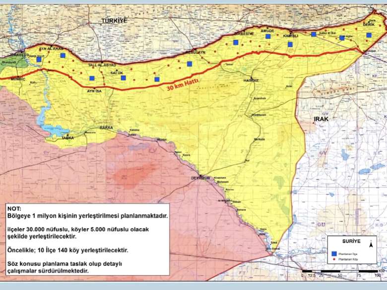 Mapa oficiala turca de l’operacion militara. La linha roja marca lo limit esperat per Ankara de l’ocupacion de Rojava. La zòna jauna es jol contraròtle de las FDS
