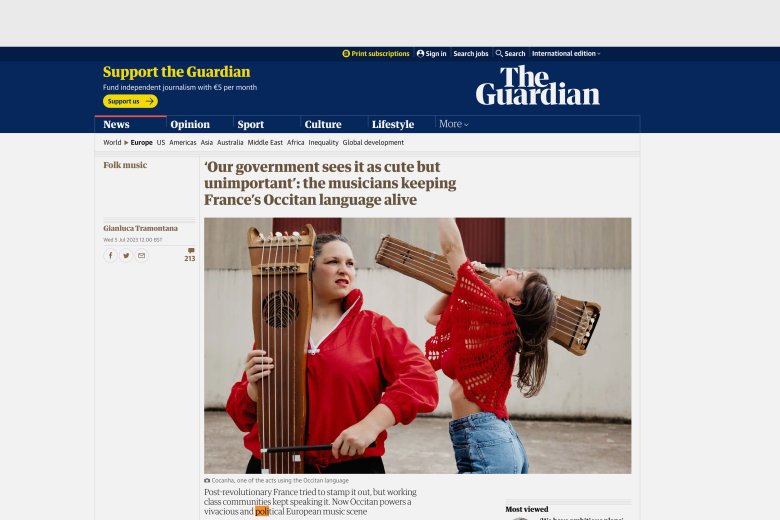 <em>The Guardian</em> soslinha la vitalitat de la musica occitana e son ròtle en la preservacion de la lenga