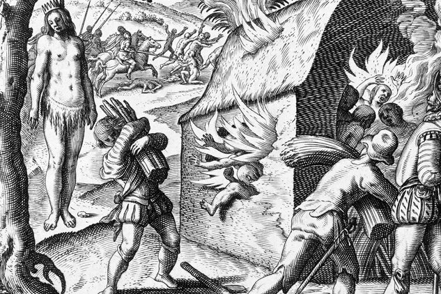 Lo massacre de la reina Anacaona e de sos subjèctes. Gravadura originala publicada en 1598 dins la ‘Brevissima relacion de la destruccion de las Índias’ de Bartolomé de Las Casas