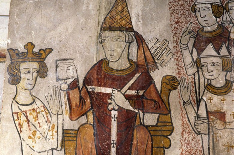 Fresca representant lo papa Clamenç IV dins la torre Ferranda a Pèrnas dei Fonts (Comtat Venaicin)