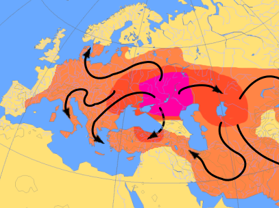 Expansion de las lengas indoeuropèas entre las annadas 4000 e 1000 abans lo Crist segon l'ipotèsi dels kurgans