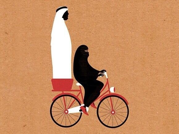 A l’ora d’ara, las femnas saudianas an sonque l’autorizacion de menar de bicicletas, coma o representa aquesta caricatura de Muhammad Sharaf