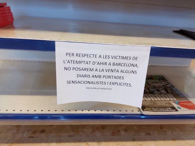 Caprabo, una famosa cadena de supermercats catalana, a refusat de vendre dins sos establiments los jornals El Mundo e El Periódico car lors primièras paginas mostravan d’imatges explicits de l’atemptat